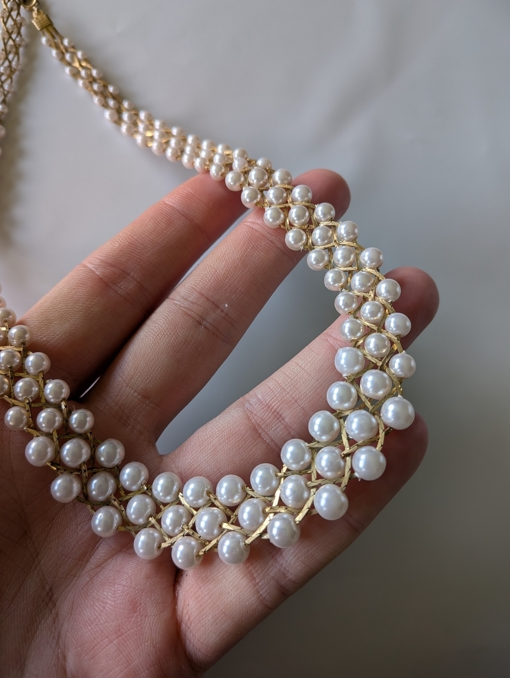 Triple Strand Gold Woven Faux Pearl Necklace - Picture 6 of 8